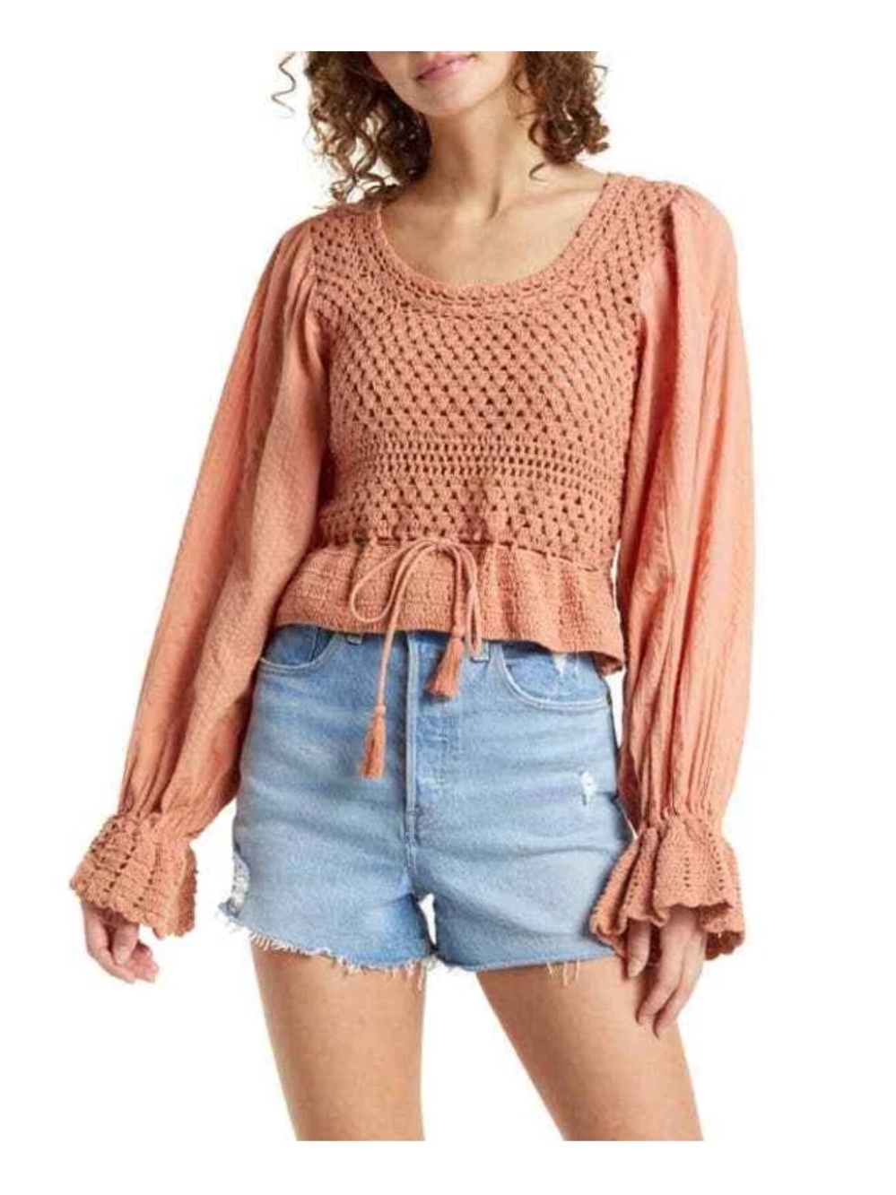 Free People Megan Top in Coral Crochet Peasant Long-Sleeve Top XS